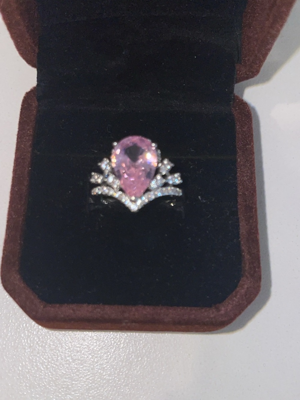 Pink Teardrop Halo Ring with Accent Stones